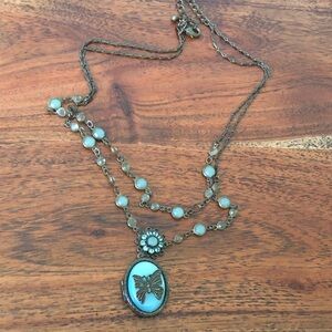 Women's Vintage Locket Necklace Double Strand Victorian Style Butterfly Blue